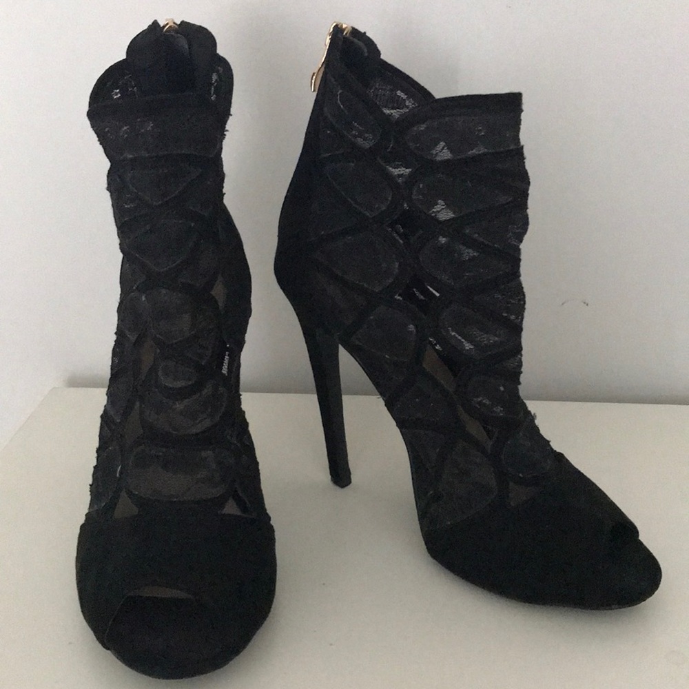 Just Fab Black zip up back peep toe stilettos